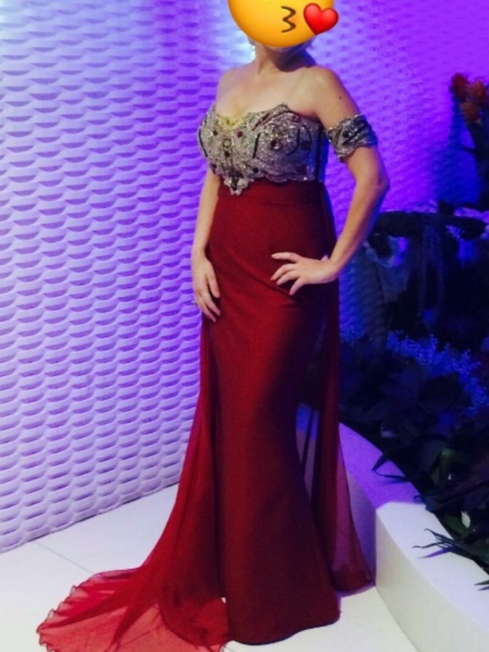Tarik Ediz Red Satin Evening Dress with Beaded Neckline